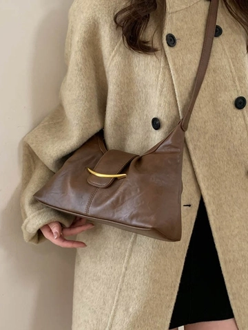 Vintage PU Leather Half Moon Crossbody Bag For Women Chic Gold Crescent Hardware Stitching Hobo Shoulder Bag Daily Commute