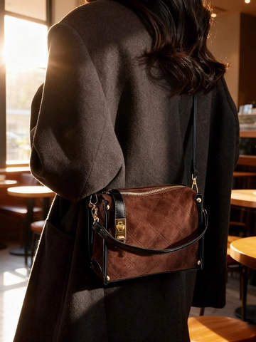 Vintage Quilted PU Leather Crossbody Bag For Women Retro Frosted Small Square Handbag With Gold Hardware Brown Coffee