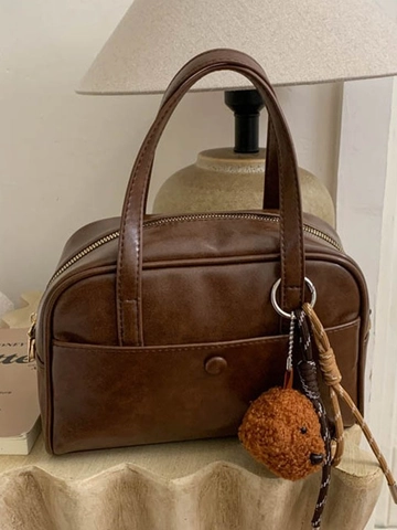 Borsa da Bowling da Donna in Pelle PU Retrò Con Ciondolo Cucciolo di Peluche Borsa a Tracolla Vintage per Ufficio Quotidiano