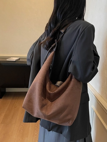 Borsa a Secchiello in PU da Donna a Grande Capacità Vintage Hobo Borsa a Spalla Minimalista Smerigliata per Pendolari