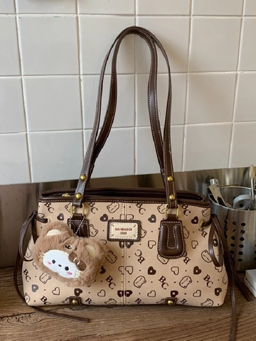 Sac Fourre-tout Vintage Grande Capacité à Impression Intégrale Femmes Sac à Épaule en Cuir PU Sac à Main Décontracté Avec Pendentif