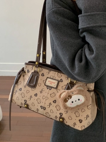 Sac Fourre-tout Vintage Grande Capacité à Impression Intégrale Femmes Sac à Épaule en Cuir PU Sac à Main Décontracté Avec Pendentif