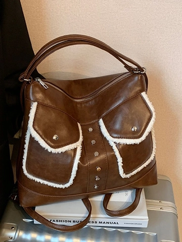 Sac à Dos Fourre-Tout en Cuir PU Rétro Grande Capacité pour Femmes Mode Garniture Faux Mouton Rivet Sac à Épaule Multifonctionnel
