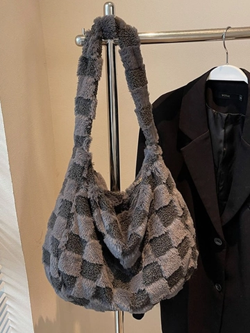 Women Fashion Plush Checkerboard Shoulder Bag Large Capacity Faux Fur Tote Bag Casual Plaid Hobo Crossbody Bag For Everyday