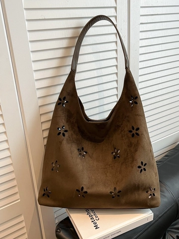 Sac Cabas Femme Daim Découpé Laser Floral Grande Capacité Style Bohème Rétro Sac à Épaule Fourre-Tout