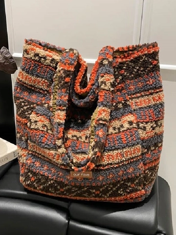 Women Ethnic Style Patchwork Large Capacity Tote Bag Autumn Winter Plush Fabric Geometric Pattern Color Block Shoulder Bag