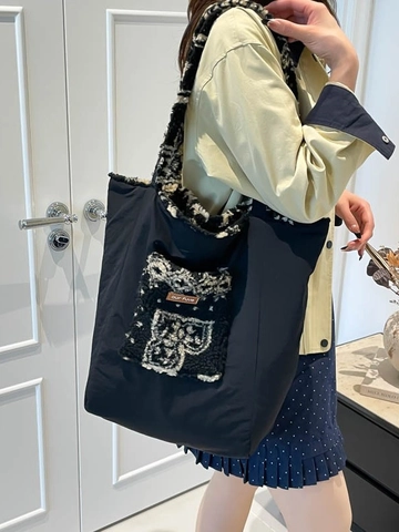 Women Ethnic Style Patchwork Large Capacity Tote Bag Autumn Winter Plush Fabric Geometric Pattern Color Block Shoulder Bag