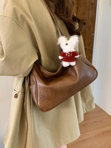 Damen Vintage PU Leder Umhängetasche Große Kapazität Hobo Crossbody Tasche Kontrastnähte Tote Mit Plüsch Hund Anhänger