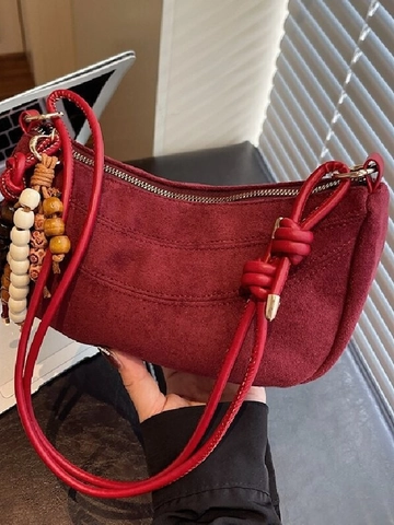 Retro Maillard Wildleder Halbmond Schultertasche Für Damen Böhmische Dumpling Tasche Mit Holzperlen Anhänger Quaste Umhängetasche