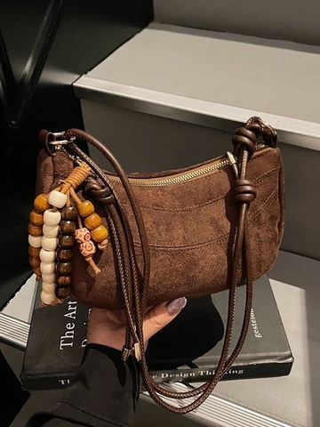 Retro Maillard Wildleder Halbmond Schultertasche Für Damen Böhmische Dumpling Tasche Mit Holzperlen Anhänger Quaste Umhängetasche