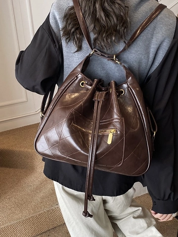 Women Quilted Drawstring Backpack Large Capacity Vintage PU Leather Bucket Bag Versatile Stitching Commuter Shoulder Bag