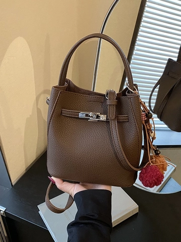 Fashion Women Bucket Bag PU Leather Lychee Pattern Shoulder Crossbody Bag With Metal Lock Pom Pom Charm Elegant Daily Handbag