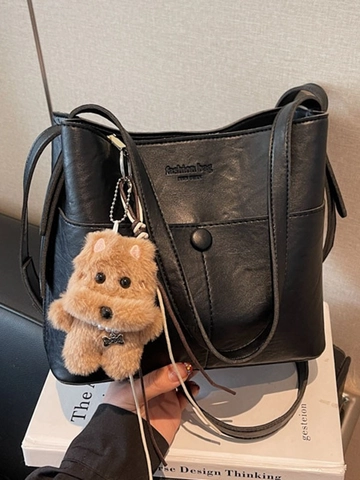 Bolso de Cubo de Cuero PU Vintage para Mujer Bolso de Hombro Cruzado de Moda con Colgante de Oso de Peluche Bolso Diario