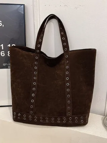 Vintage Wildleder Tote Bag Für Damen Große Kapazität Metallösen Dekor Schulterhandtasche Retro Pendler Lässige Arbeit Reisetasche