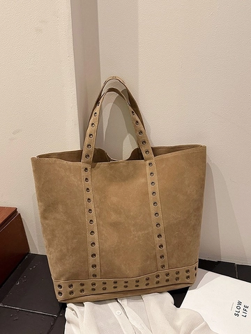 Vintage Wildleder Tote Bag Für Damen Große Kapazität Metallösen Dekor Schulterhandtasche Retro Pendler Lässige Arbeit Reisetasche