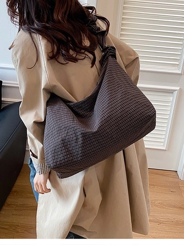 Damen Große Kapazität Segeltuch Hobo Tasche Lässig Kariert Bedruckt Umhängetasche Mit Plissee Riemen Weiche Mode Tasche