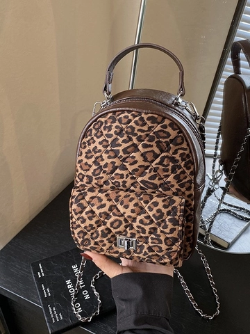 Mini Sac à Dos Matelassé Femmes Imprimé Léopard Sac Bandoulière Chaîne Similicuir Vintage Mode Petit Sac à Dos