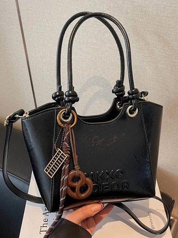 Vintage PU Leather Bucket Bag For Women Embossed Letter Handbag Retro Crossbody Bag Trendy Commute Shoulder Bag With Charm
