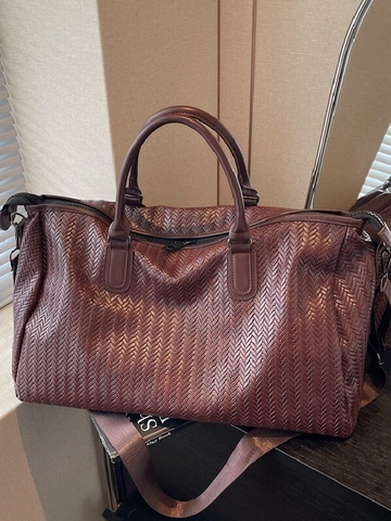 Woven Pattern PU Leather Large Capacity Travel Duffel Bag For Men Women Casual Weekender Bag With Removable Shoulder Strap