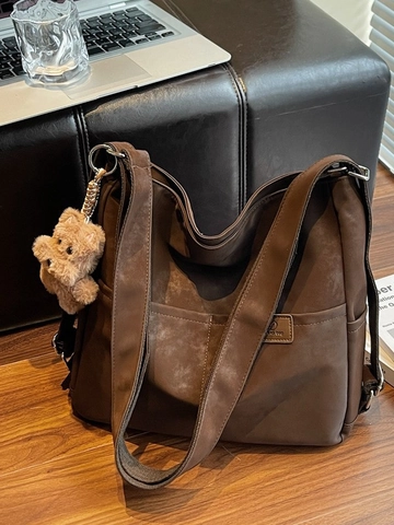 Retro PU Leather Large Capacity Backpack For Women Vintage Tote Shoulder Bag With Bear Pendant Trendy Commuting Crossbody Bag