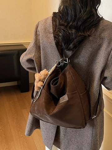 Retro PU Leather Large Capacity Backpack For Women Vintage Tote Shoulder Bag With Bear Pendant Trendy Commuting Crossbody Bag