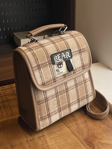 Sac à Dos Vintage à Carreaux Femme Petit Style Britannique Laine Cuir PU Sac à Bandoulière Sac d'École Décontracté Ours