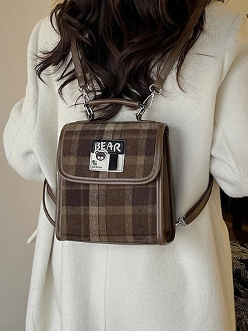 Sac à Dos Vintage à Carreaux Femme Petit Style Britannique Laine Cuir PU Sac à Bandoulière Sac d'École Décontracté Ours