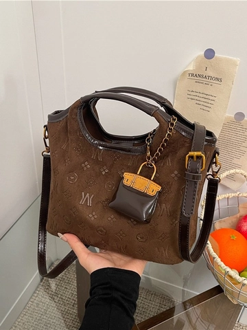 Vintage Geprägte PU Leder Beuteltasche Für Damen Große Kapazität Schultertasche Mit Innentasche Und Mini Tasche Anhänger Braun Schwarz