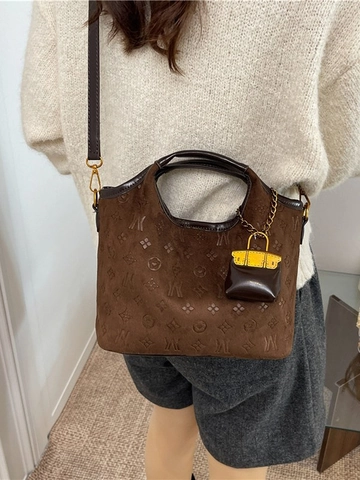 Vintage Geprägte PU Leder Beuteltasche Für Damen Große Kapazität Schultertasche Mit Innentasche Und Mini Tasche Anhänger Braun Schwarz