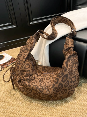 Bolso Dumpling de Lona con Estampado de Leopardo Vintage para Mujer Bolso de Hombro Casual de Gran Capacidad con Diseño de Pliegues y Cordón