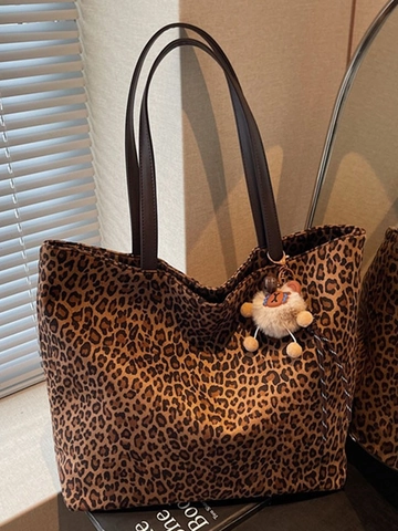 Borsa Tote Donna Retro in Camoscio con Stampa Leopardata Grande Capacità Borsa a Tracolla Con Ciondolo Orsetto Moda Pendolare