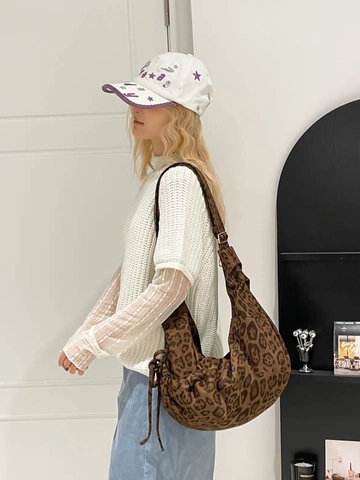 Bolso Dumpling de Lona con Estampado de Leopardo Vintage para Mujer Bolso de Hombro Casual de Gran Capacidad con Diseño de Pliegues y Cordón