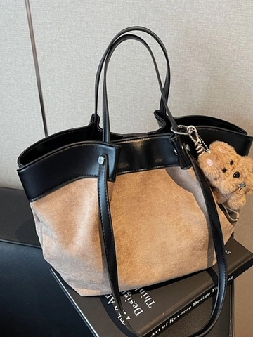 Γυναικεία Ρετρό Τσάντα Tote από Δέρμα PU και Τεχνητό Σουέτ Patchwork Μεγάλης Χωρητικότητας Τσάντα Ώμου με Λούτρινο