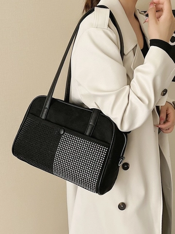 Borsa Sottobraccio in Velluto Scamosciato con Strass Annodati Borsa a Mano Moda Lussuosa Borsa a Tracolla da Sera Intarsiata per Feste