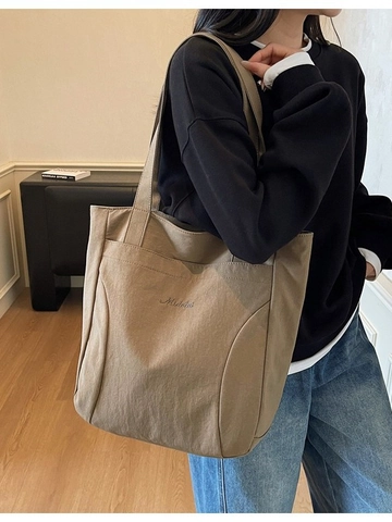 Large Capacity Canvas Tote Bag For Women Letter Embroidered Shoulder Bag Casual Office Commute Handbag Zipper Shoulder Bag