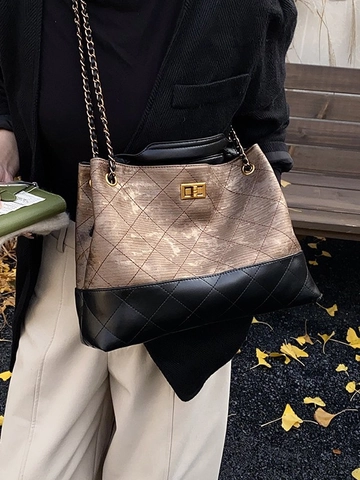 Borsa Vagabonda Donna Vintage Grande Capacità in Pelle PU Trapuntata a Diamante Catena Borsa a Tracolla Secchiello Retrò