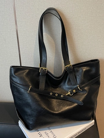 Large Capacity Vintage PU Leather Tote Bag For Women Solid Color Shoulder Bag Simple Commuting Office Handbag With Buckle