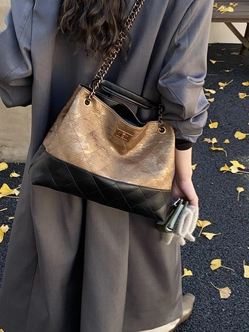 Borsa Vagabonda Donna Vintage Grande Capacità in Pelle PU Trapuntata a Diamante Catena Borsa a Tracolla Secchiello Retrò