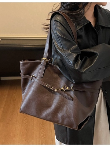 Large Capacity Vintage PU Leather Tote Bag For Women Solid Color Shoulder Bag Simple Commuting Office Handbag With Buckle