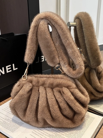 Bolso de Hombro Nube de Piel Sintética Bolso de Mano Fruncido con Correa de Peluche Marco de Metal Dorado para Mujer Moda