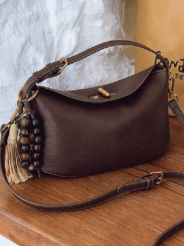 Borsa a Spalla da Donna in Pelle PU Retrò con Nappe e Perline Tracolla Regolabile a Mezzaluna Borsa a Tracolla Moda Leggera