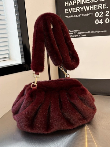 Bolso de Hombro Nube de Piel Sintética Bolso de Mano Fruncido con Correa de Peluche Marco de Metal Dorado para Mujer Moda