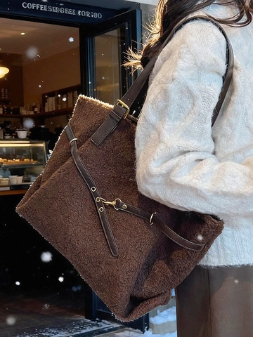Borsa Tote in Lana d'Agnello di Grande Capacità per Donna Invernale Soffice Borsa a Spalla Retro Moda Pendolare Quotidiana