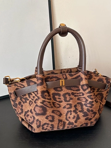 Damen Frosted PU Leder Umhängetasche Vintage Leopard Print Handtasche Kleine Suede Bucket Bag Mit Verstellbarem Schultergurt