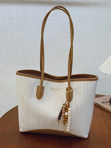 Damen Retro Große Kapazität Gewebte PU Leder Tote Tasche Pendler Schulter Achsel Tasche Mit Holzperlen Anhänger Mode Handtasche