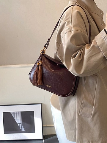 Vintage Damen PU Leder Kissen Umhängetasche Retro Lässige Schultertasche Mit Fransenanhänger Große Kapazität Vielseitige Handtasche