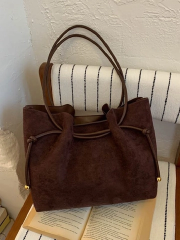 Borsa Tote in Tessuto Scamosciato da Donna Grande Capacità Borsa a Spalla Retro Con Coulisse Ornamento a Sfera in Oro