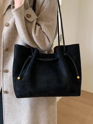 Borsa Tote in Tessuto Scamosciato da Donna Grande Capacità Borsa a Spalla Retro Con Coulisse Ornamento a Sfera in Oro