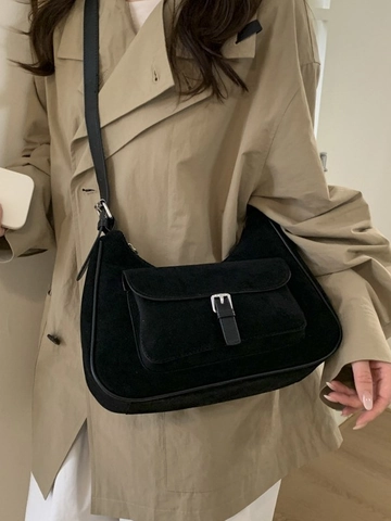 Vintage Suede Textured PU Shoulder Bag For Women Large Capacity Tote Bag Minimalist Hobo Bag With Belt Buckle Crossbody Bag