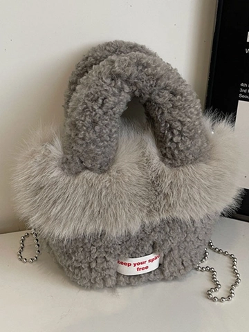 Damen Herbst Winter Plüsch Kunstpelz Eimertasche Lässige Faux Lammwolle Handtasche Mit Metallkettenriemen Buchstaben-Etikett